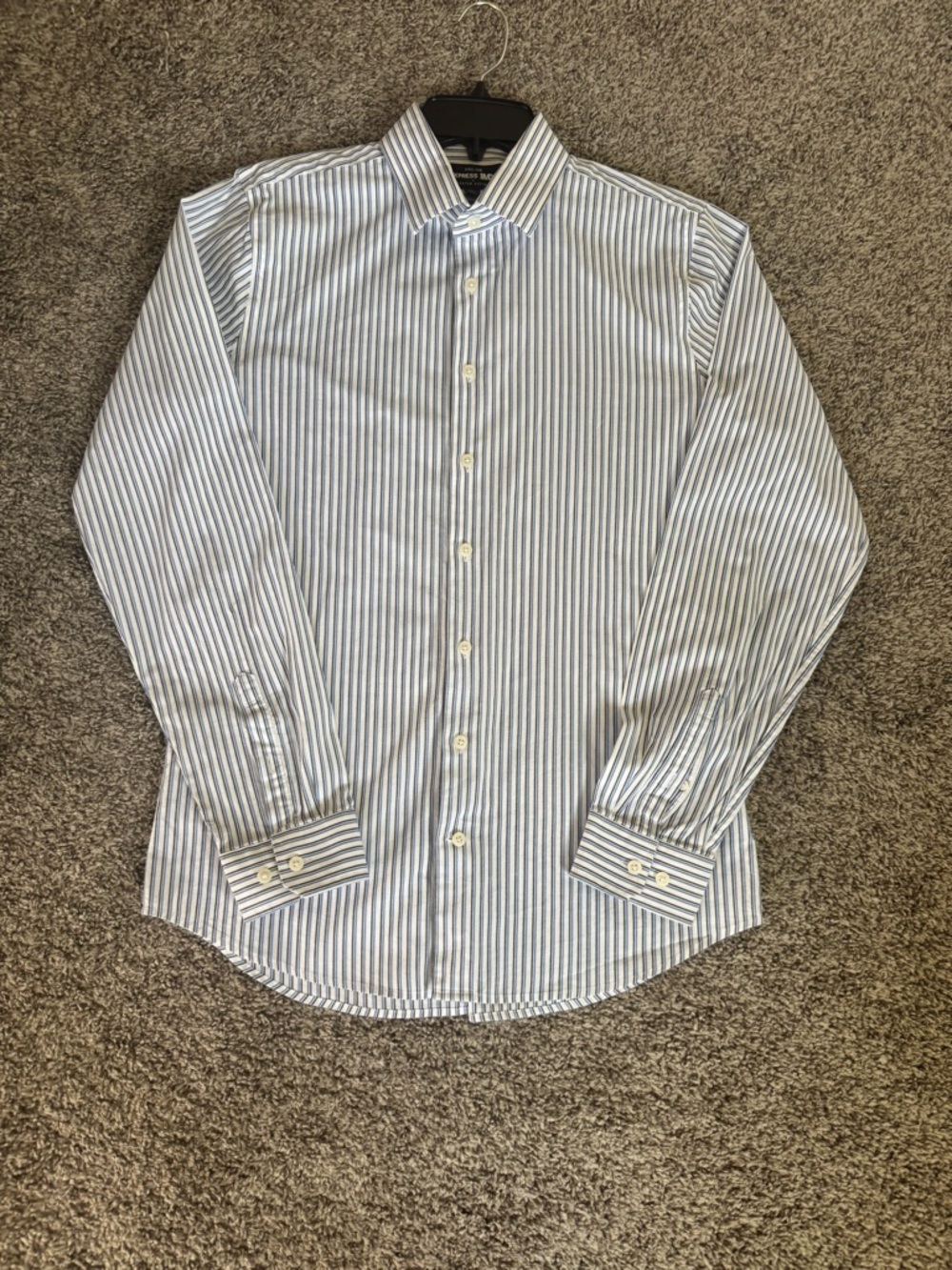 Express 1MX Men's Blue & White Vertical Stripe Dress Shirt (123)